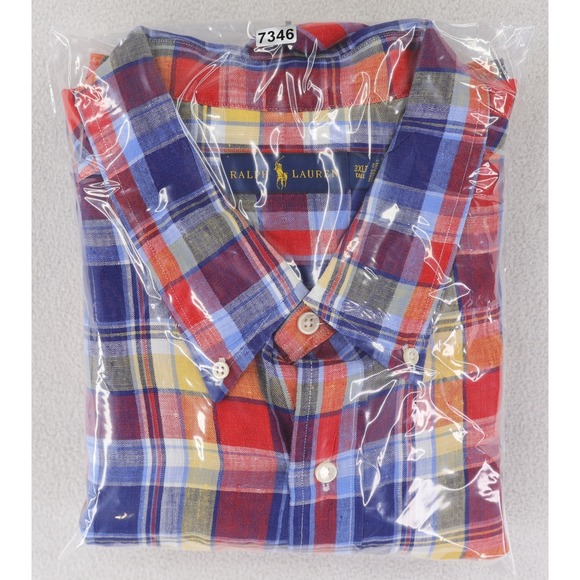 Ralph Lauren Shirt Linen Mens 3XLT Red Blue Yellow Plaid Button-Down - Picture 10 of 10